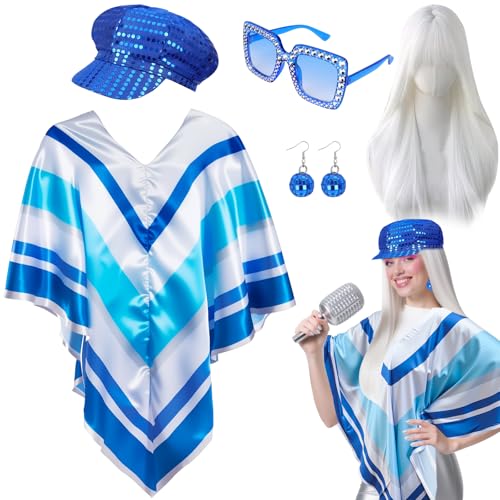Kyndara 5-teiliges Abba-Kostüm für Damen, 1970er-Disco-Zubehör-Set mit Disco-Poncho-Hut, Perücke, Ohrringen, Brillen für Erwachsene, Retro, 70er-Jahre-Motto-Party, Tanz