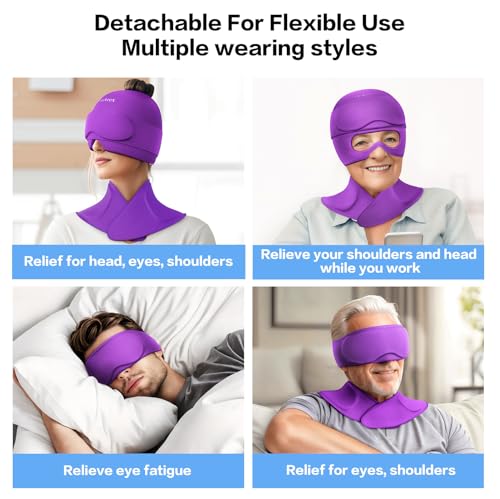 Image of 3 in 1 Migraine Relief Cap Neck Ice Pack Wrap Gel and Ice Eye Masks, Detachable Ice Caps with Eyes Masks, Hot and Cold Therapy for Relief of Headaches, Stiff Neck and Eye Fatigue (Purple)