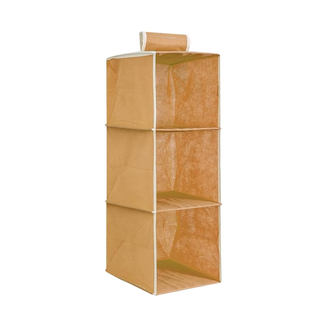 PrettyKrafts Clothes Hanging 3 Shelf Organizer, Wall Hanging Organiser, Compartment Clothes Storage Wardrobe Organizer, Non Woven Fabric + Engineered Wood Inside, Foldable Closet Organizer, Beige