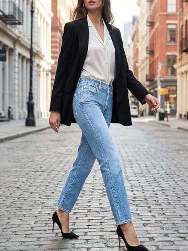 Image of Cicy Bell Womens Straight Leg Jeans High Waisted Mid Rise Stretchy Denim Pants Tapered Petite Jeans