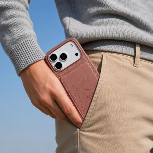 Image of amazon basics Premium Vegan Leather Back Cover with Card Holder and Integrated Mobile Stand for iPhone 17 Pro Max - Slim Shockproof Wallet Case with Geometric Stitching [Pink]