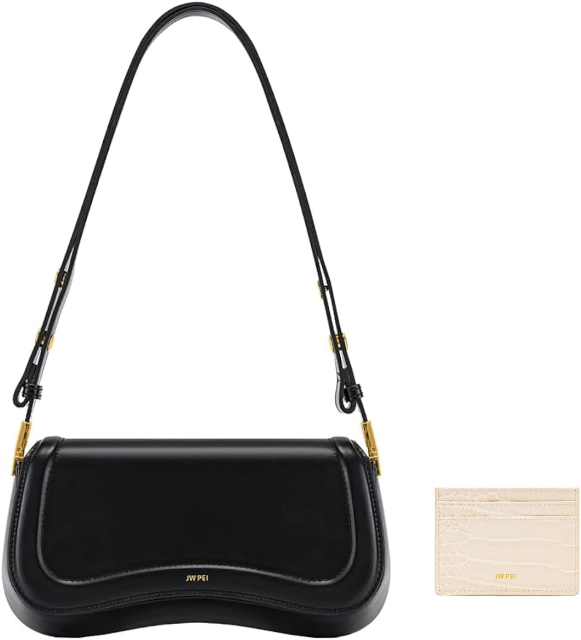 JW PEI Women's Joy Shoulder Bag-Black with Card Holder - Ivory Croc