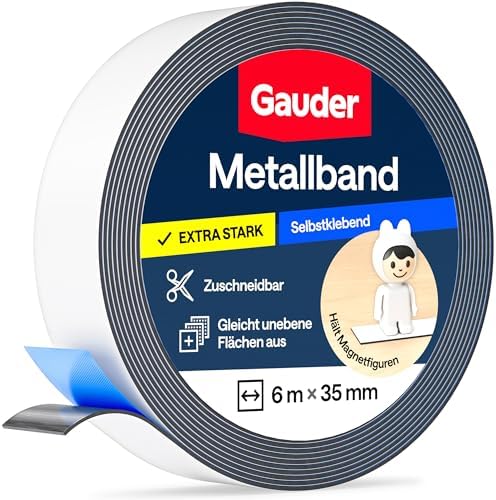 GAUDER Metallband selbstklebend für Magnete (6 m x 35 mm - weiß) | Magnethaftband, Magnetleiste & Metallstreifen für Tonie-Figuren und Regale - biegsames Ferroband zum Basteln und