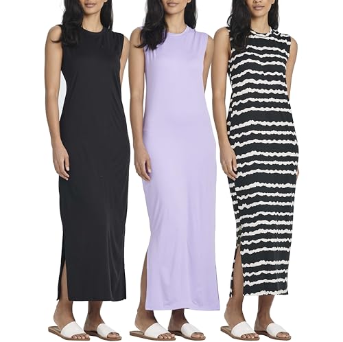 Image of Real Essentials 3 Pack: Women's Maxi Tank Dress | Sleeveless Casual Long Lounge Dress (Plus