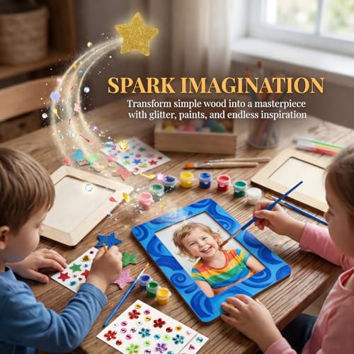 ASOUUNLD Bilderrahmen Holz Set 8 Stück Holzbilderrahmen zum Bemalen und Basteln mit Holzbilderrahmen Glitzersteinen & 6 Farbpinseln Fotorahmen 19x14 cm DIY Bastelset für Geschenke Deko Geburtstag