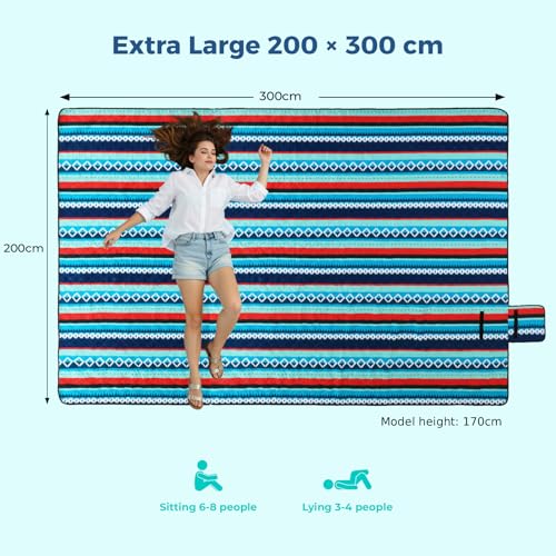LIFERUN 200x300cm Maschinenwaschbar XXL Picknickdecke – Extra Groß Faltbare Picknick Blanket für 6-8 Personen, Stranddecke & Campingdecke mit Tragegriff, Grün Gestreift