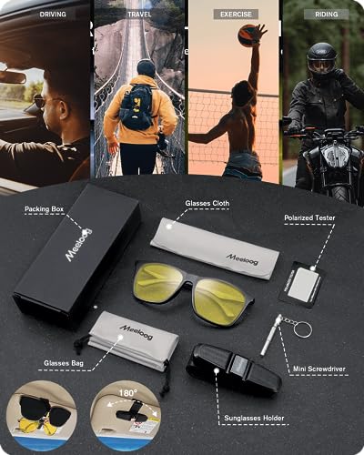 Meeloog Men's Night Vision Driving Riding Glasses, Polarized Yellow Lens Sunglasses with UV Protection and Anti Glare MST00293