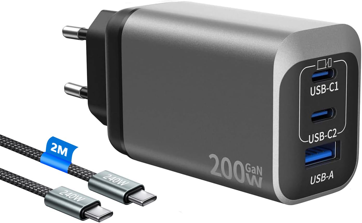 USB C Ladegerät 200W, Laptop Schnellladegerät mit 2M SchnellLadekabel, GaN 3-Port Mehrfach Netzteil Laptop USB Charger Power Adapte kompatibel mit MacBook Pro 16/15/14/13 Zoll/iPhone 16 Pro Max/16/15