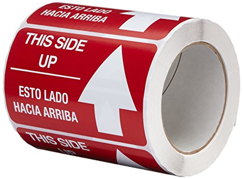 Image of TapeCase SHIPLBL-088 Printed Red Labelling Tape - (Pack of 500) Adhesive Sticker Tape with White inchThis Side up /Esta Lado Hacia Arriba inch Lettering. Labels and Adhesives