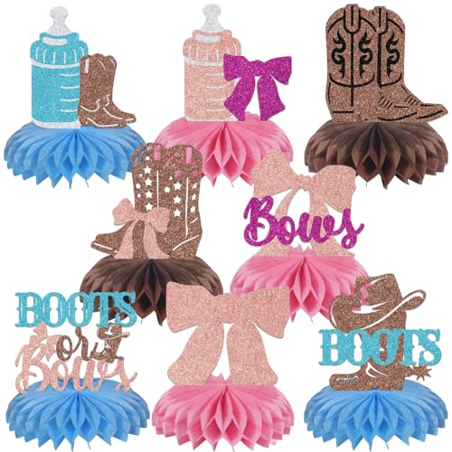 Centros de mesa botas o lazos con diseño de doble temática para revelación de género de 8 uds