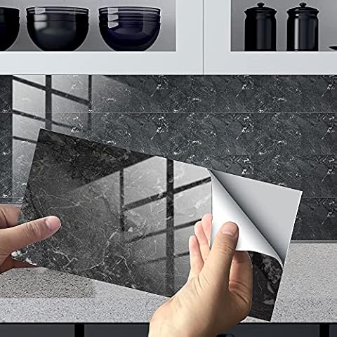 HORIWE Marble Tile Stickers for Bathroom Kitchen Backsplash Waterproof Oil Proof DIY Self Adhesive New PVC Wall Stickers Home Decor 12x6 Inches 16pc (Grey Marble Pattern 2, 30x15cm(12"x6") - 16PCS) Cover
