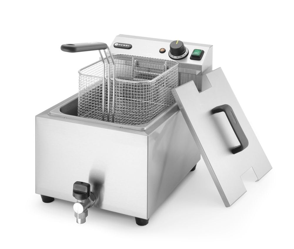 HENDI Freidora eléctrica, T ajustable hasta 195°C, termostato de seguridad, zona fría, con tapa y cesta de freír, con grifo de drenaje, 8L, 230V, 3500W, 300x515x(H)345mm, acero inoxidable 18/0