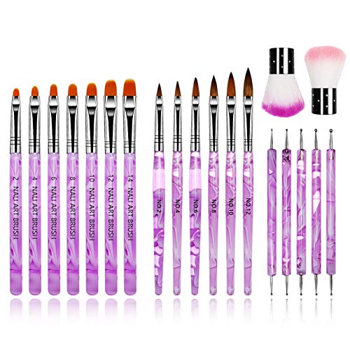 ZongHe 19 Pcs UV Gel Acrylic Nail Brush Set,Nail Art Tips Builder Brush Nail Painting Brush Pen SetNail Art Dust Remover Brushes Powder for Nail Salon Home Use Gift for Women Girl
