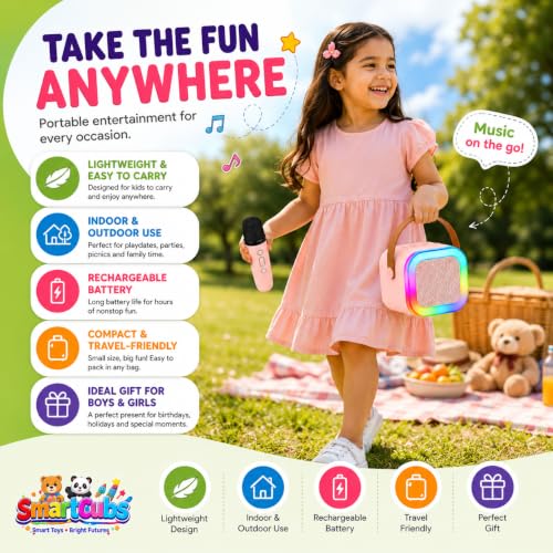Image of Karaoke Speaker with Wireless Mic for Kids & Adults | Pink Bluetooth Karaoke Machine with RGB LED Lights, Rechargeable Portable Speaker, Stereo Sound | Birthday Gift for Girls & Boys