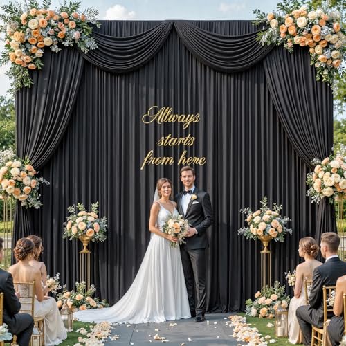 Image of 10x12ft Black Backdrop Curtain for Wedding Parties, Wrinkle Free 2 Panels 12 ft Long Silky Polyester Photo Backdrop Drapes Back Drop Cloth Drapery for Birthday Graduation Photography Background
