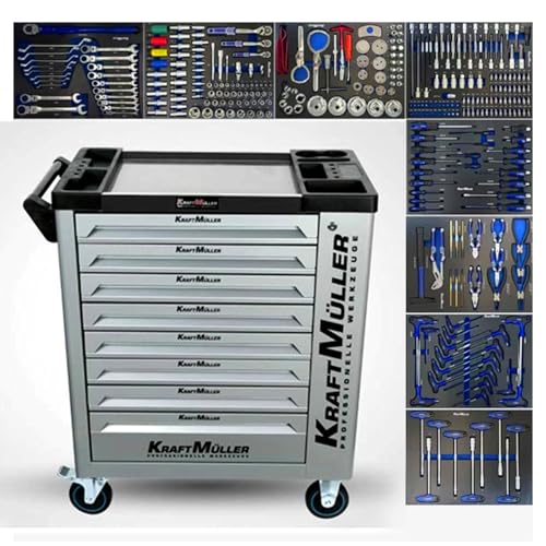 BM TOOLS Servante Atelier Kraftmuller Entretien Auto Garage Véhicule XL 8 tiroirs 309 Outils + clé Dynamo, Kit Extraction Filtre à Huile