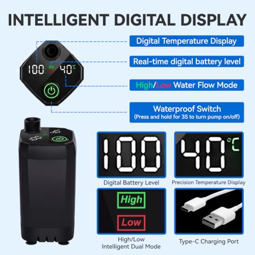 Ducha portátil para camping, ducha recargable de 6000mAh con pantalla LED inteligente, bomba impermeable IPX7 para exteriores, senderismo, viajes, auto y mascotas miniatura 2