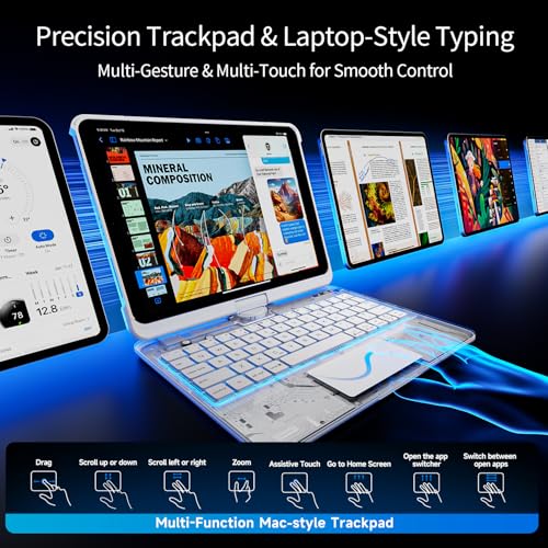 Image of Transparent Keyboard Case for iPad Pro 11 Inch (M5 2025 /M4 2024) with Multi-Touch Trackpad, 360 Rotating Stand, 7-Color 3-Level Backlit, Wireless Bluetooth, Pencil Holder,White