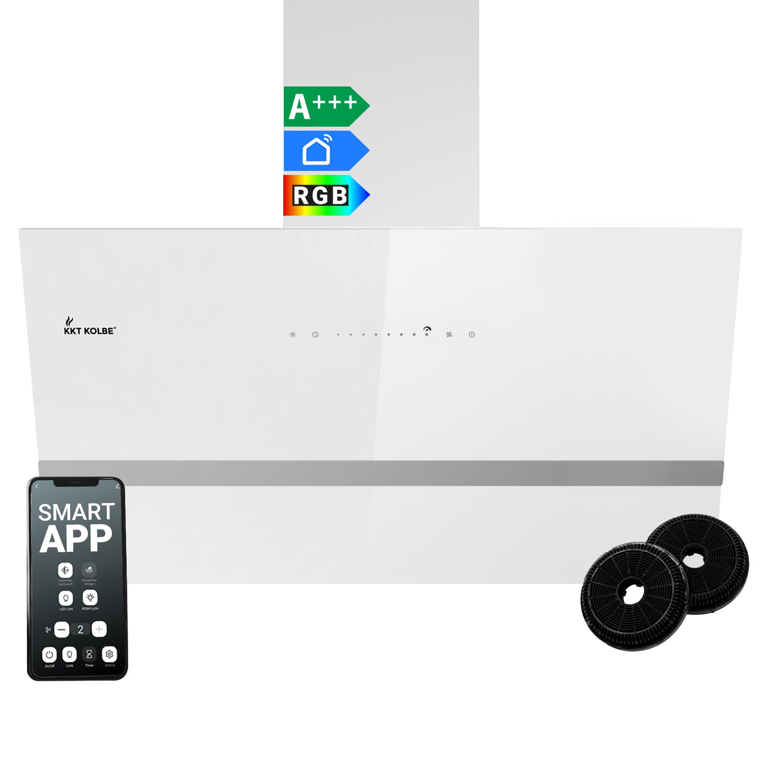 KKT KOLBE Hotte aspirante murale ECCO9005WM, 90 cm, sans tête | 782 cbm/h, évacuation et recirculation, verre blanc, éclairage LED RGBW, application WiFi intelligente, Wi-Fi