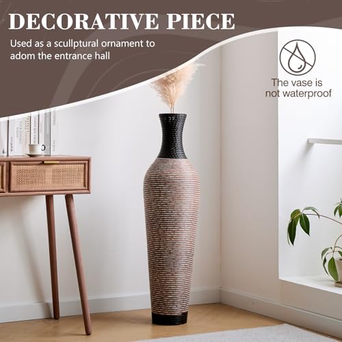 Image of Large Hand-Woven Bamboo Floor Vase, Tall Home Decor Floor Vase for Fake Flower Dried, Flower Holder for Living Room, Bedroom, Dining Room, Entryway, Hallway (Pattern Black Brown, Bottle)