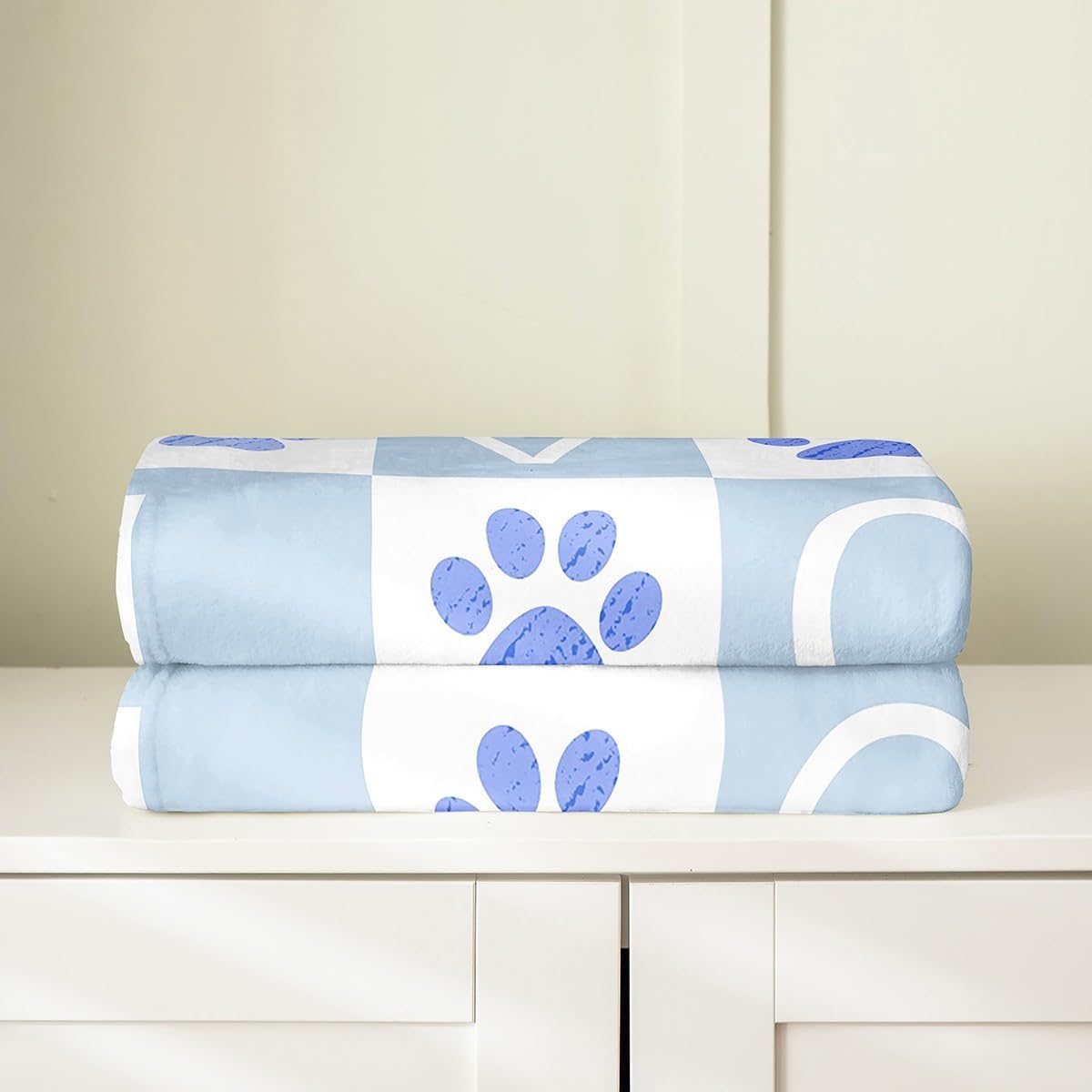 Cute Dog Paws Print Kids Flannel Blanket,Cartoon Dog Animal Puppy Pet Lover Bed Blanket for Boys Girls,Geometric Plaids Patch Fleece Blanket,Blue Fuzzy Blanket,Queen Size (90 x 90 Inches)