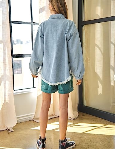 happlan Women's Casual Pearls Beading Frayed Hem Denim Jacket Jean Coat Oversized4