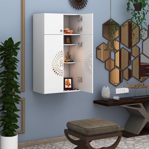 Image of Anikaa OMYA Engineered Wood Home Temple Wall Mount & Floor Standing Wooden Modern Pooja Mandir with LED Light, Om Laser Cut Design | Storage Cabinet with Hinge Doors (White, DIY Installation)