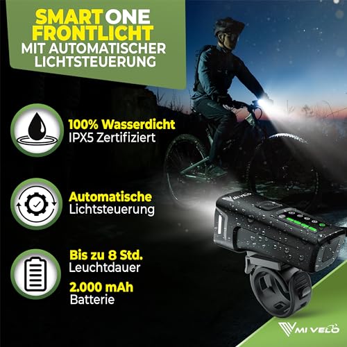 MIVELO SMART Fahrradlicht Set 100LUX, 2000mAh Power-Akku, Auto-Sensor, StVZO zugelassen, USB...