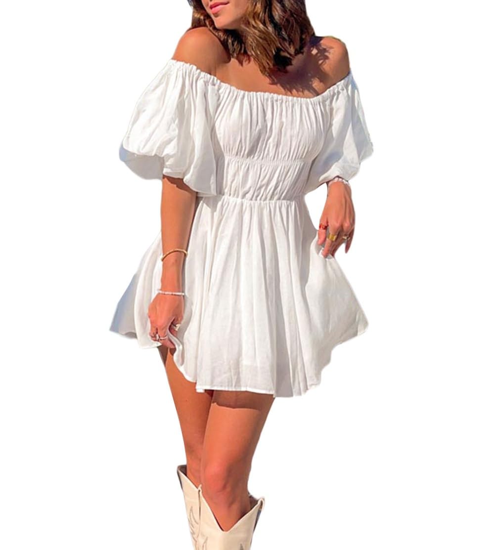 CazifferWomen's Puff Sleeve Off Shoulder Dress Flowy Square Neck Pirate Dress A-Line Ruffled Lolit Mini Dress