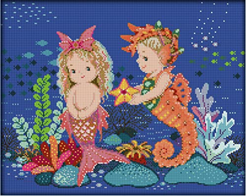 Image of Howie's Needlepoint Cross Stitch Kits, 14CT Pre-Printed Pattern Needlepoint Kits, Full Range of Stamped Starter Kits (Girl and Sea Horse, 17.3 x 14.2 Inch)