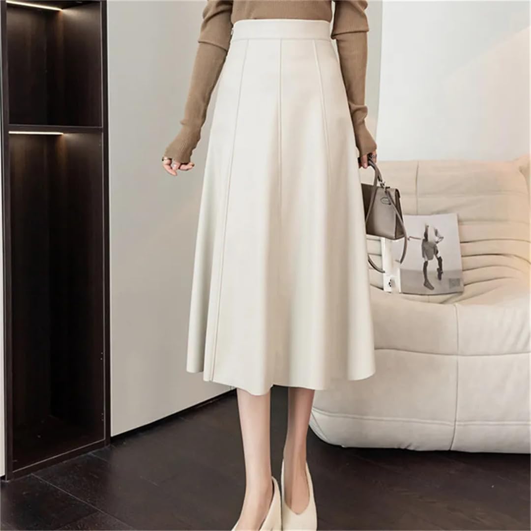 Otoño Invierno Mujeres PU Cuero Faldas Elegante Sólido Patchwork Cintura Alta A-Line Midi Falda