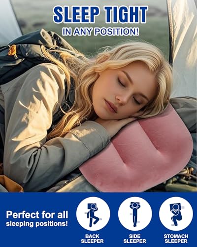 Image of Inflatable Camping Pillow - Ultralight Compact Travel Pillow, Picnic-Pink | Beach, Blow Up, Portable, Sleeping Bag Pillow, Backpacking, Soft Velvet Cover, Machine Washable Air Pillow