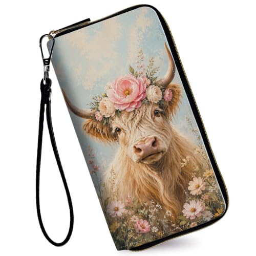 Image of Women's Wallets Credit Card Holder Money Leather Long Wallet | Long wallet with Wristlet,Large Capacity with Zip-Around Phone Purse for Women Ladies Girls,Cute Highland Cow