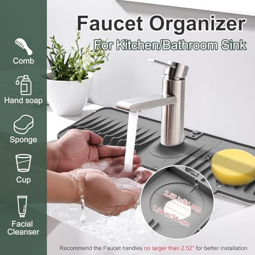 17.7"×5.5" Sink Splash Guard,Silicone Faucet Mat for Kitchen Bathroom Sink,Draining Mat Faucet Handle Drip Catcher Tray, Sink Organizer Holder for Sponge Dish Soap