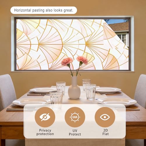 Image of Nuxovilar Frosted Gold Pink Fan Pattern Window Film 17.7x39.4 PVC | Geometric Fan, Gold Cling vintage pattern sticker, luxury glass wrap for living room bedroom office (Geometric Fan)