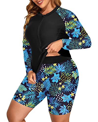 Daci Women Tropical Leaves 2 Piece Plus Size Long Sleeve Rash Guard Bathing Suit Zip Front Athletic Boy Shorts Tankini Swimsuits Upf 50 18W #TOP3
