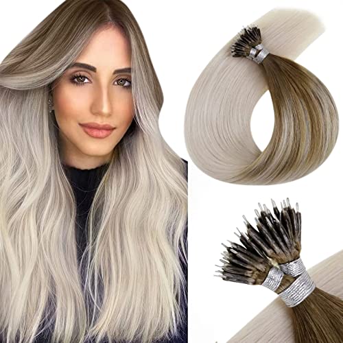 LaaVoo 18inch Micro Loop Hair Extensions Micro Link Loop Rings Hair Extensions Highlighted 100% Real Human Hair Color Light Brown with Light Blonde Brazilian Silky Straight Extension 50g/50s#P8/24