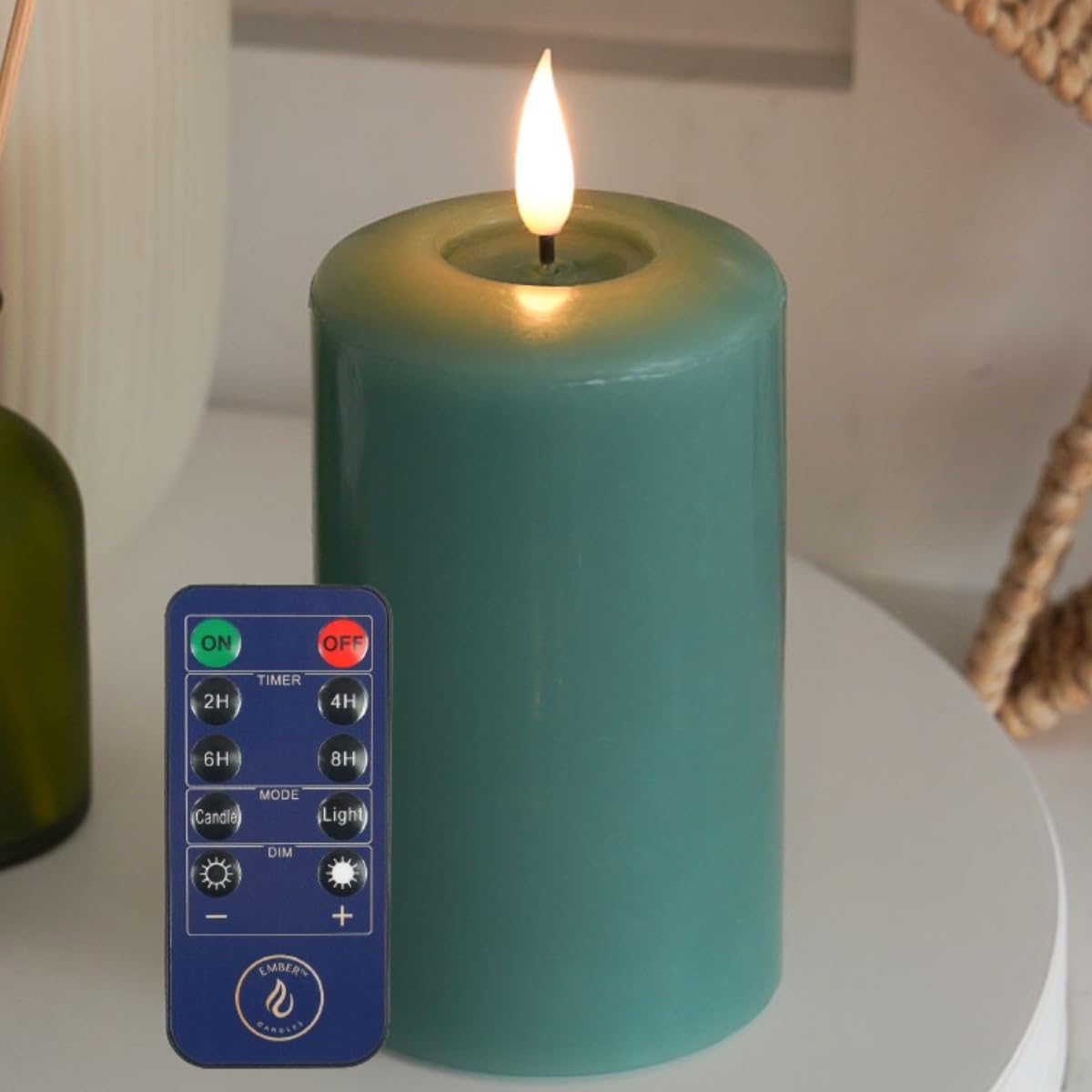 Ember Candles™ 12.5cm Signature Sage Green, LED Flickering Battery Candle with Remote & Timer, 100% Real Wax, Ultra-Realistic, Flameless, Hand-Poured Design Mood Lighting for Home, Parties, Events