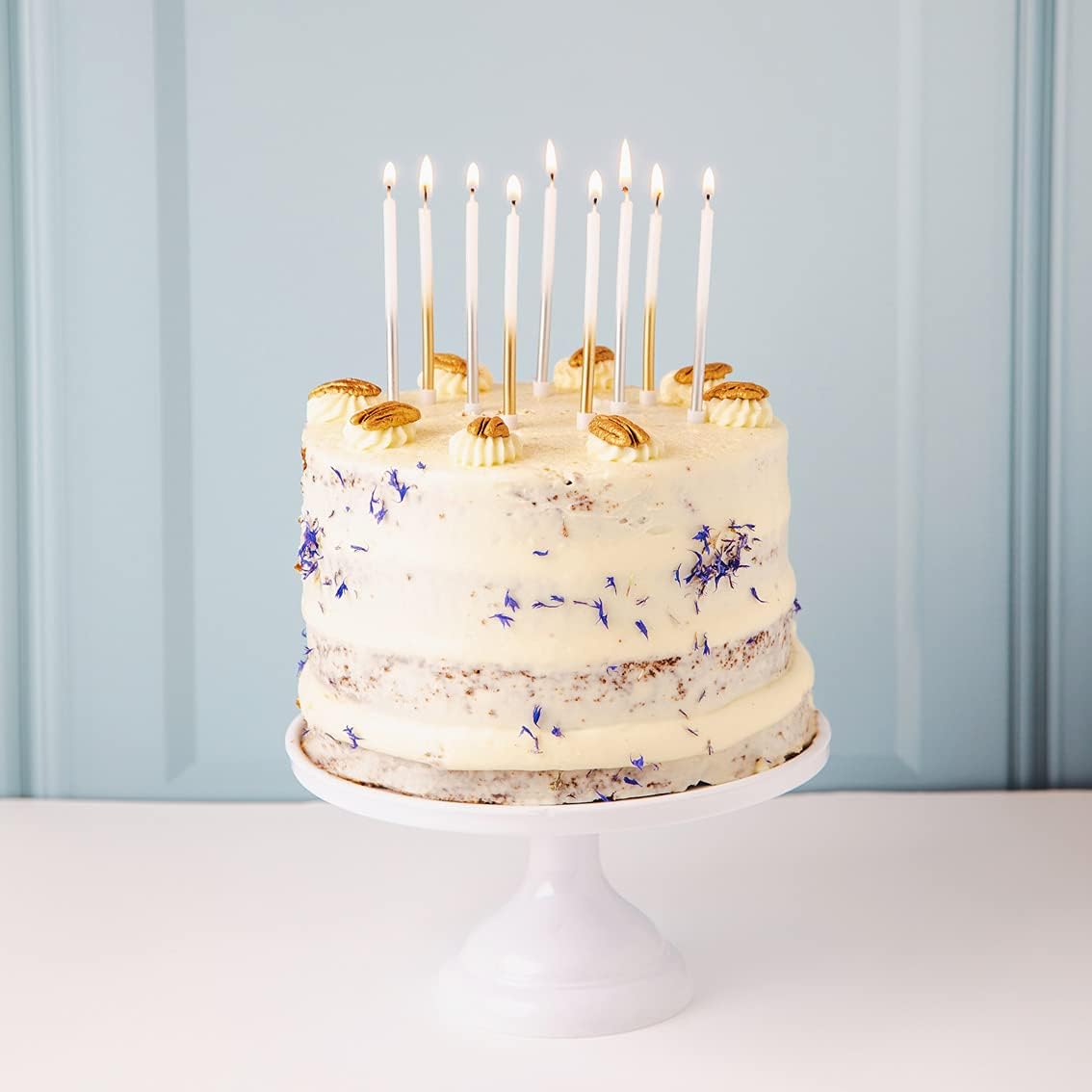 Talking Tables 16 x White and Gold Tall Birthday Candles with Holders | Perfect for Wedding, Anniversary, NYE Cake Decor | Ombre Design | 4 Inch Birthday Cake Decorations