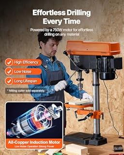 VEVOR Trapano a Colonna da Banco 750 W Velocità Variabile 340-2200 giri/min con Piano di Lavoro Inclinabile da 0 a 45°, Posizionamento a Raggi X, Trapano da Tavolo per Legno e Metallo