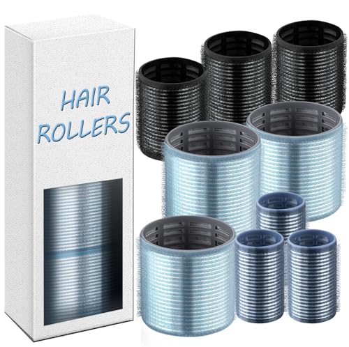 xnicx Juego de 9 rulos para el cabello, rodillos térmicos iónicos de cerámica autoadherentes, rodillos de velcro para dormir para un aspecto de cabello soplado, rodillos de pelo de calidad de salón