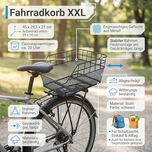 Fahrradkorb XXL Schultaschenkorb schwarz Einkaufskorb Gepäckträgerkorb 45x29,5x21 cm – Ansicht 5