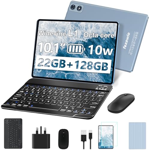 fezawio 2025 Newest 10 inch Android 14 Tablet|22GB RAM+128GB ROM|1TB Expandable|8000mAh|5G Wi-Fi|Widevine L1|Octa-Core|Keyboard-Mouse-Holster|Premium Entertainment & Light Office - Grey
