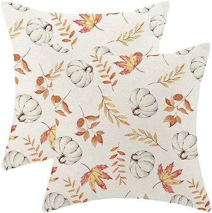 Fall Pillow Covers 18x18 Set of 2 Pumpkin and Maple Leaf Fall Decor Pillowcase Linen Autumn Thanksgiving Decorative Outdoor Throw Pillow Covers Warm Tones Farmhouse Cushion Case for Couch Home