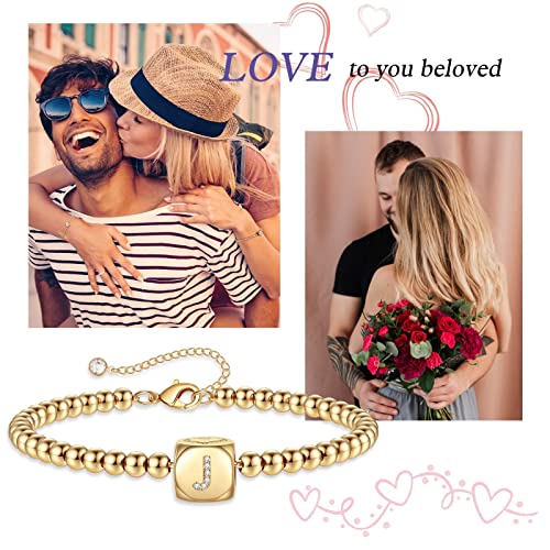 Personalized Gold Initial Bracelets For Women Girls, 14K Gold Filled Charm Initial J Bracelet Adjustable Beaded Bracelet Dainty Gold Initial Bracelets Jewelry For Women Teen Girls Valentines Day Gifts #TOP5