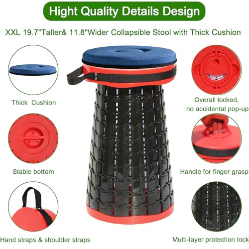 Image of 2026 Upgraded XXL Collapsible Stool with Thick Cushion,19.7 inchH-11.8 inchD Telescoping Folding Stool for Adults, More Sturdy Camping Stools with Load Capacity 1000lbs for Outdoor,Garden,Fishing,Hiking