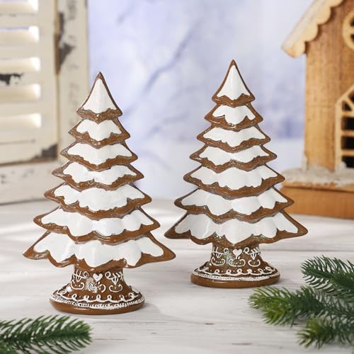 Geelin 2 Set Christmas Gingerbread Gift Resin Gingerbread Tree Figurines Christmas Table Decorations for Tabletop Centerpiece Home Mantel Collectible Gifts 7.09 x 3.94 x 2.36(Snow Frosting)