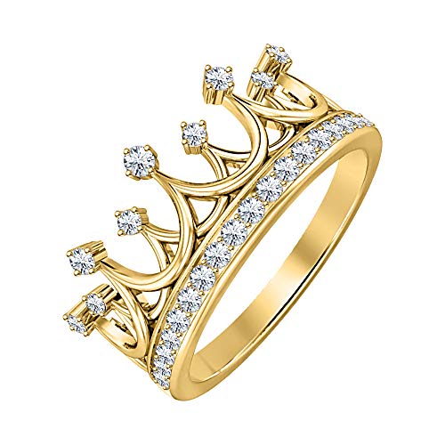 Queen's Tiara Round Gemstone 14K Yellow Gold Plated Crown Engagement Ring for Women's.2