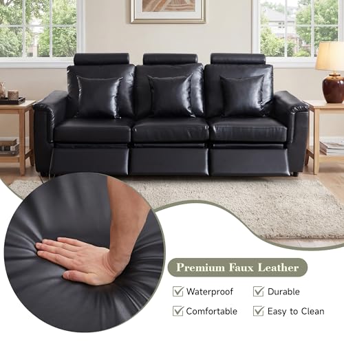Image of RARZOE Manual 3-Seater Recliner Sofa, Faux Leather 3 Seat Reclining Couches with Headrest, Modern Comfy Recliner Sofa Set with 3 Recliner Chairs for Living Room Home Theater, Black