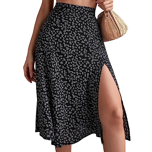 Women's Casual High Waist Floral Print Skirt Split Thigh A Line Maxi Skirts Sexy Boho Swing A Line Midi Skirt Y2K Clubwear (Black, XXL) - Image 5